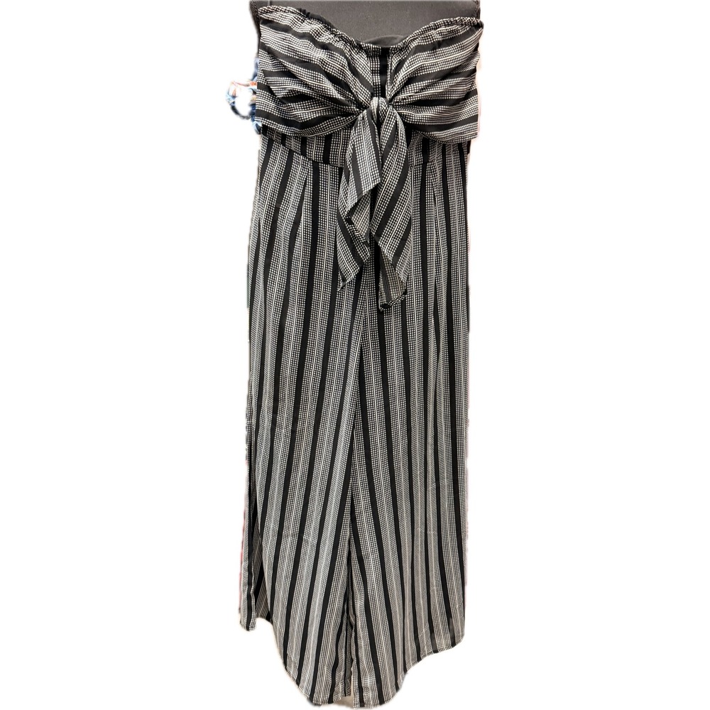 L Love Womens Strapless Cropped Jumpsuit Black White Striped Bow Front Size M